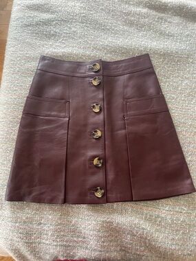 Like New Dodo Bar Or Burgundy Leather Button-Front Mini Skirt Sz 40/ US 4